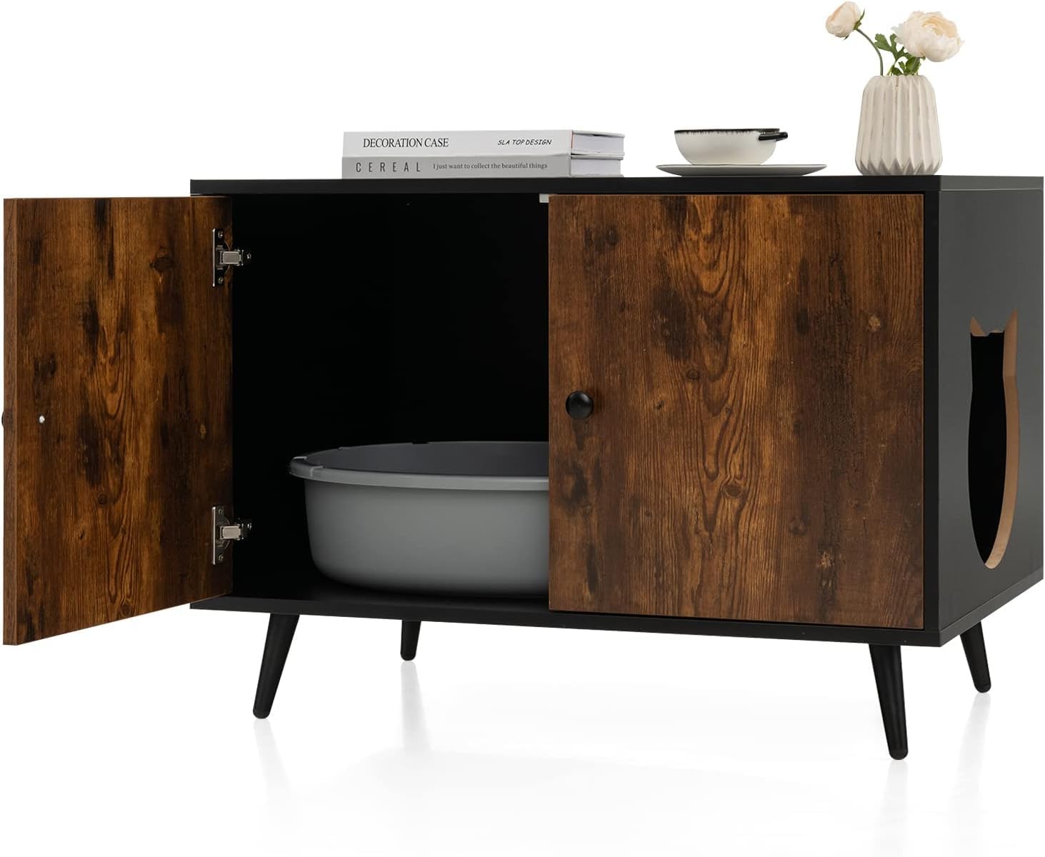 GOPLUS Caja de Arena para Gatos, Mueble Arenero Escondido con Doble Puerta, Compartimentos para Gatos, Casa de Mascotas de Interior, Lavabo Oculto para Gatos, Estilo Industrial, 80 x 50 x 57 cm