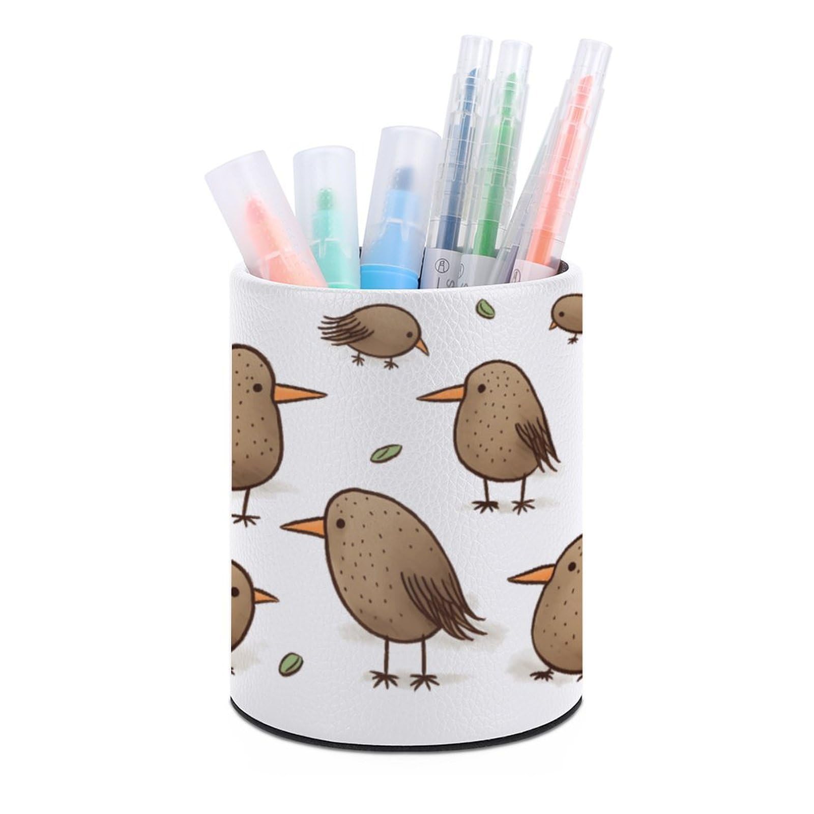 VstaDank Kiwi Birds Cute Pen Holder PU Leather Pencil Cup Minimalist Desk Pencil Holder Round Make Up Brush Organizers For Office Dorm Room&Vanity Desk Accessories