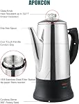 APOXCON 12 Percolateur de café électrique avec ETL Agrément Machine à café en acier inoxydable avec Knob en verre résistant à la chaleur Classic Look Cord-moins Sever