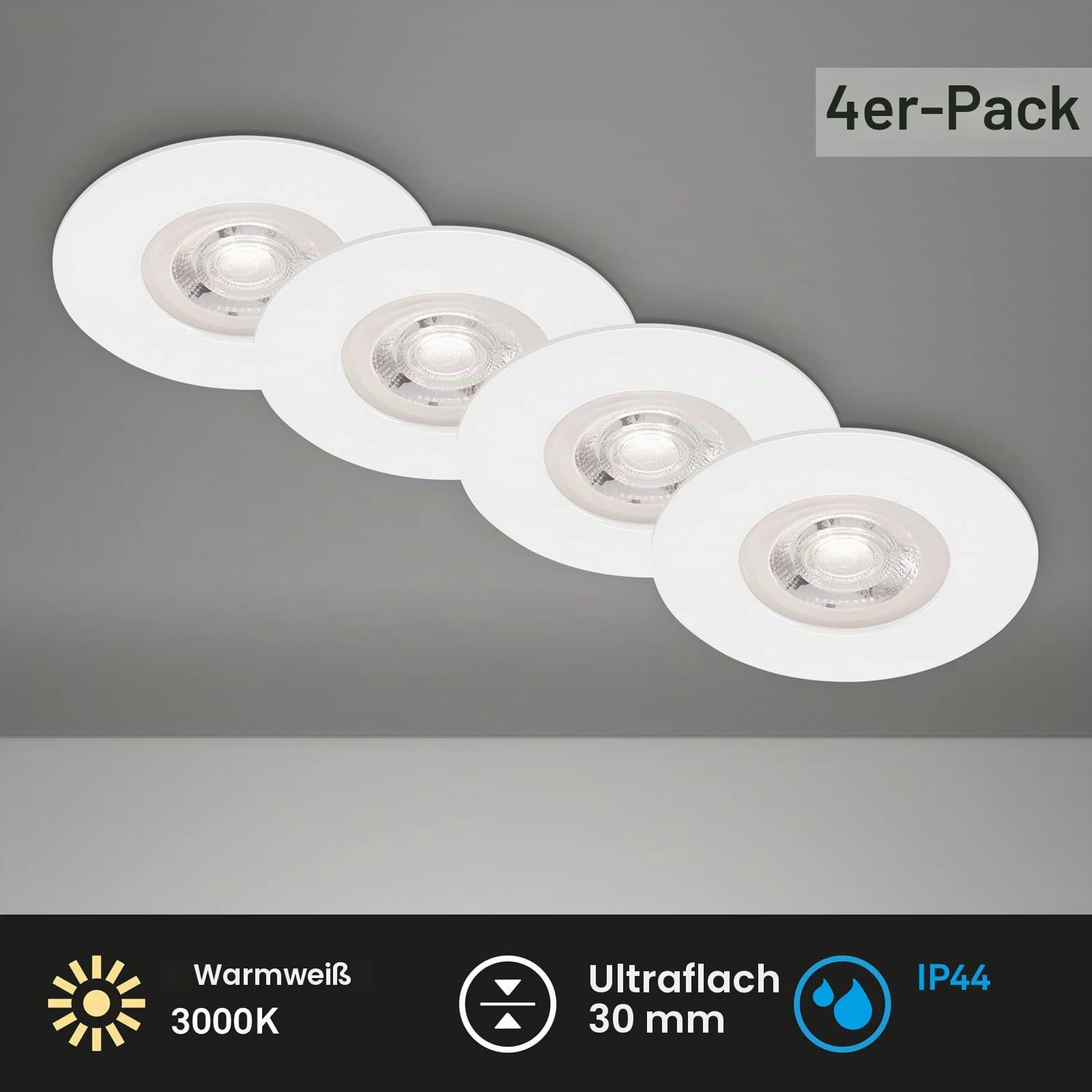 BRILONER - 3x 4er-Set LED Einbaustrahler, warmweißes Licht, LED Spot, flach, Deckenspots, Spots 230V, Einbauleuchten, Einbauspots, 68mm Lochmass, 9x2,5 cm, Weiß