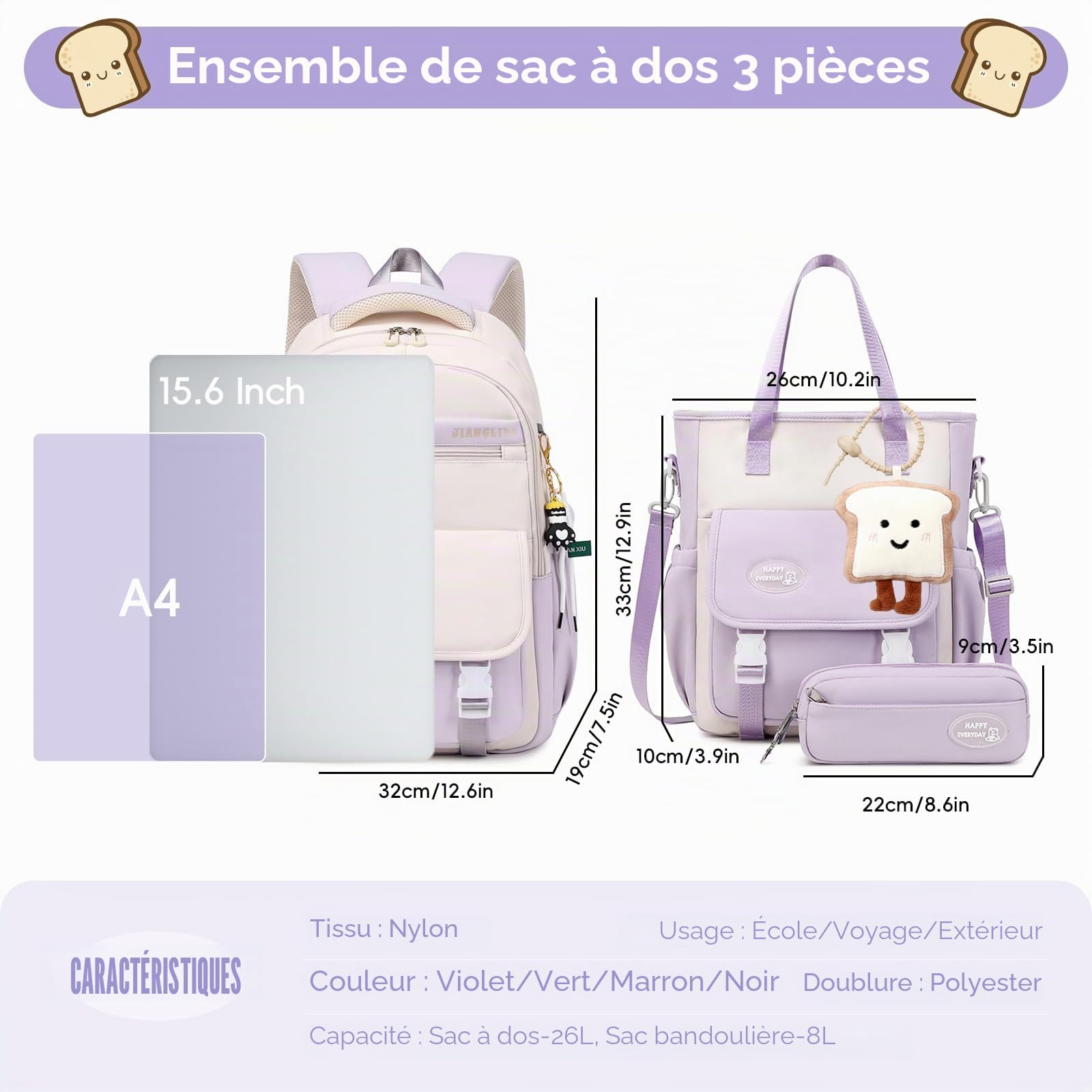 Tanou Sac a Dos College Fille Cartable Adolescente, Ensemble de Sacs d'école Filles avec Sac à Bandoulière et Trousse à Crayons, Cartables Scolaires Sac à Dos Décontracté
