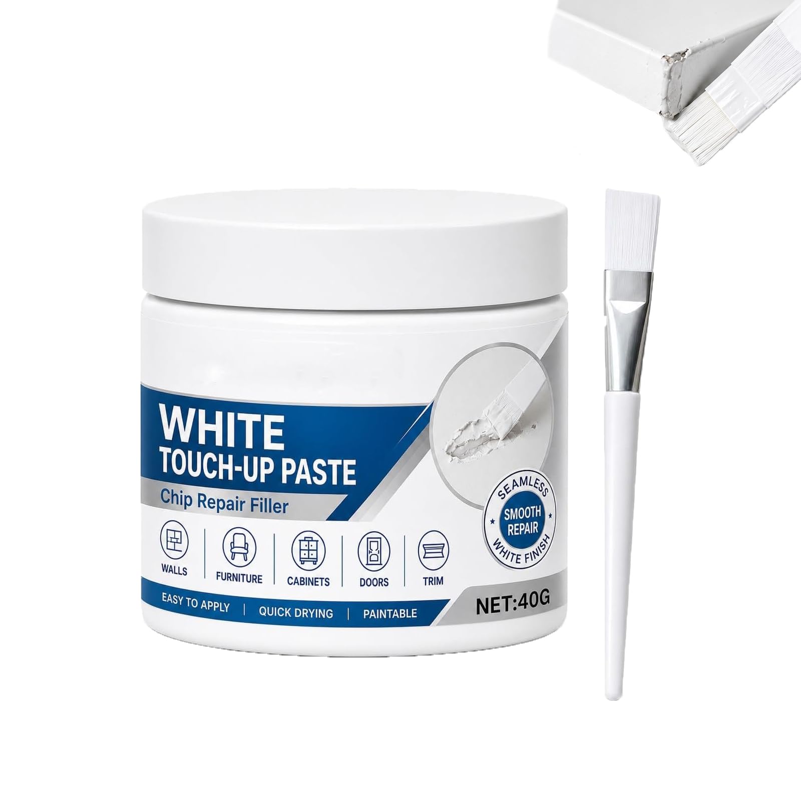 White Furniture Touch-Up Paste with Brush, Professional Wood Filler & Wall Repair Cream, Furniture & Floor Repair Paste for Scratches on Walls, Cabinet Doors, And Baseboards，1 pcs