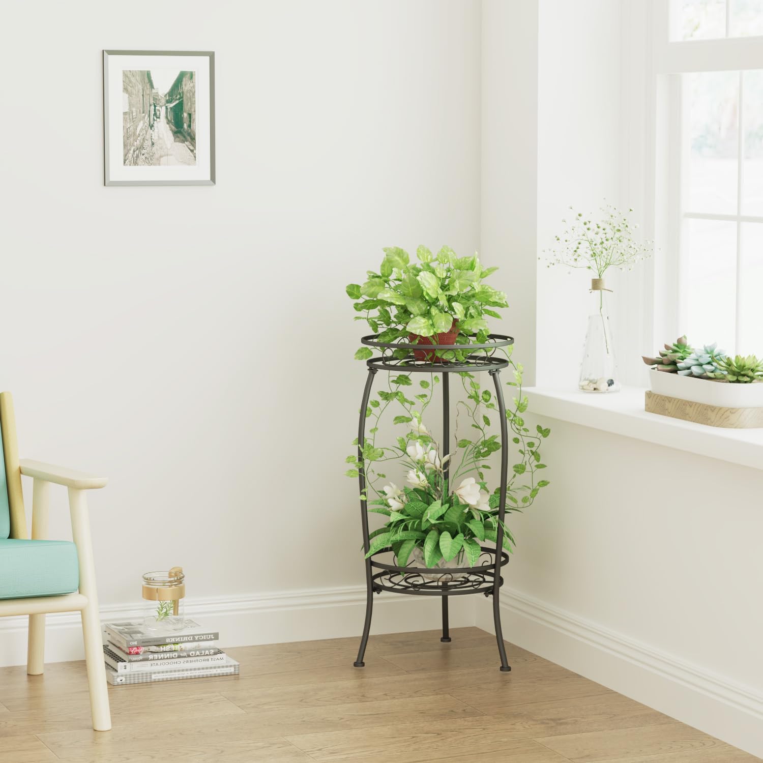 2 Pack Plant Stand Indoor Outdoor, 2 Tier 27" Tall Metal Plant Stand Shelf, Heavy Duty Flower Pot Shelf for Corner, Patio, Garden, Office, Living Room