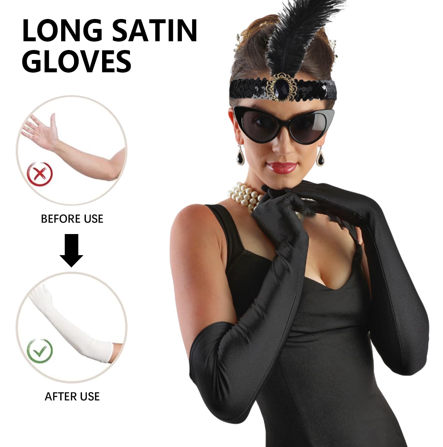 AWAVM Costume Accessories Set,Feather Headband and long satin gloves,1920s Gatsby Accessories Set for Women Opera Evening Party 1920s for Fancy Dress Women Parties Balls Cosplay - Image 4