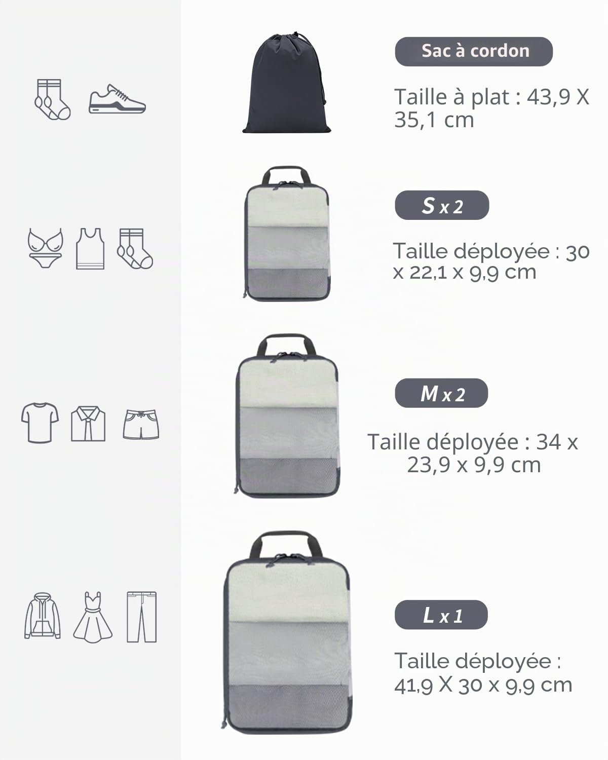 ECOHUB Organisateur Valise Packing Cubes - 6 Pièces Sac Rangement Valise Léger et Respirant Housse Compartiment Valise Organiseurs de Bagage Pochette Vetement Voyage, Gris