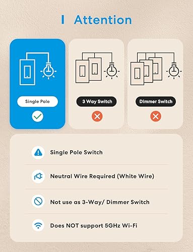Miniatura 6 de meross Interruptor inteligente de un solo polo, interruptor de luz Wi-Fi de 2.4 GHz compatible con Alexa y SmartThings, requiere cable neutro,