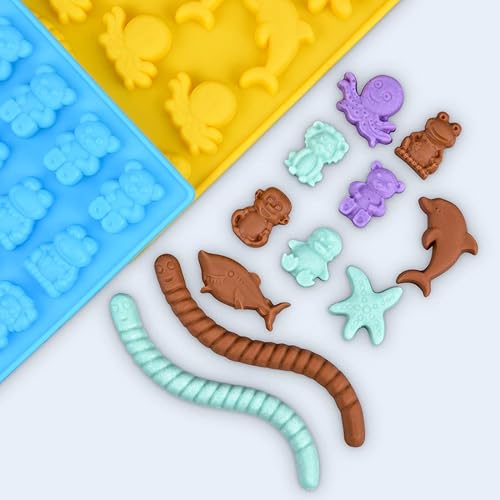 Miniatura 6 de Moldes de caramelo para osos de gomitas, moldes de chocolate que incluyen osos, ranas, leones, monos, pingüinos, gusanos, estrellas de mar,
