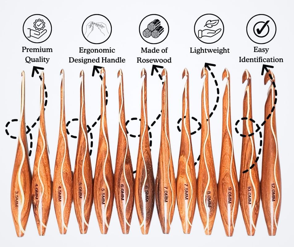 Rosewood Crochet Hooks Set - 7 Sizes 4mm to 10mm - Wooden Crochet Hooks with Comfortable Grip - - Ergonomic Design for Arthritic Hands - for Crocheting, Knitting - Gifts for Her(Set of 7) Hooks Set Set of 7 - 4mm to 10mm