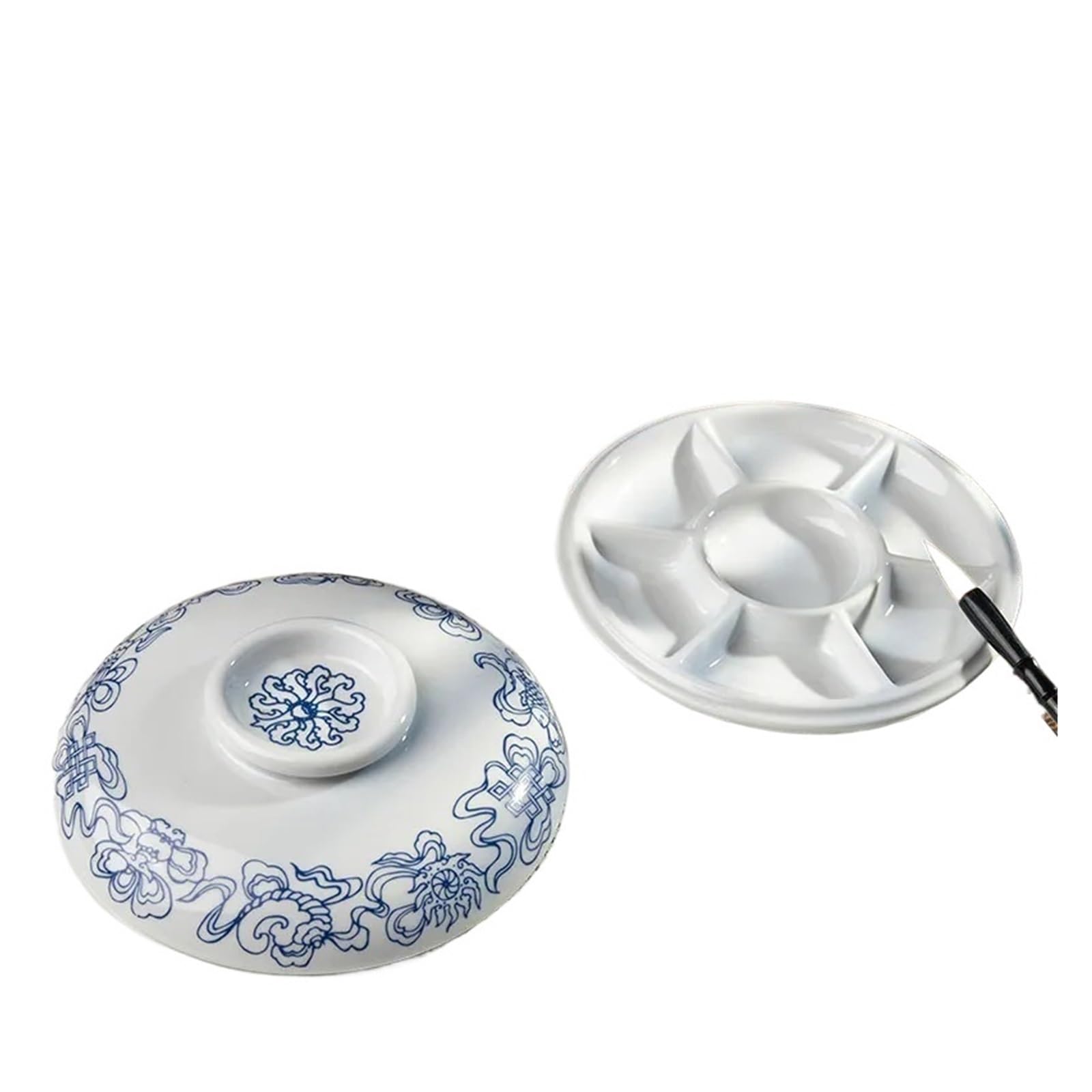 Paint Palette, Flat Blue And White Porcelain Mix Palette With Lid Eight Treasures For Watercolor