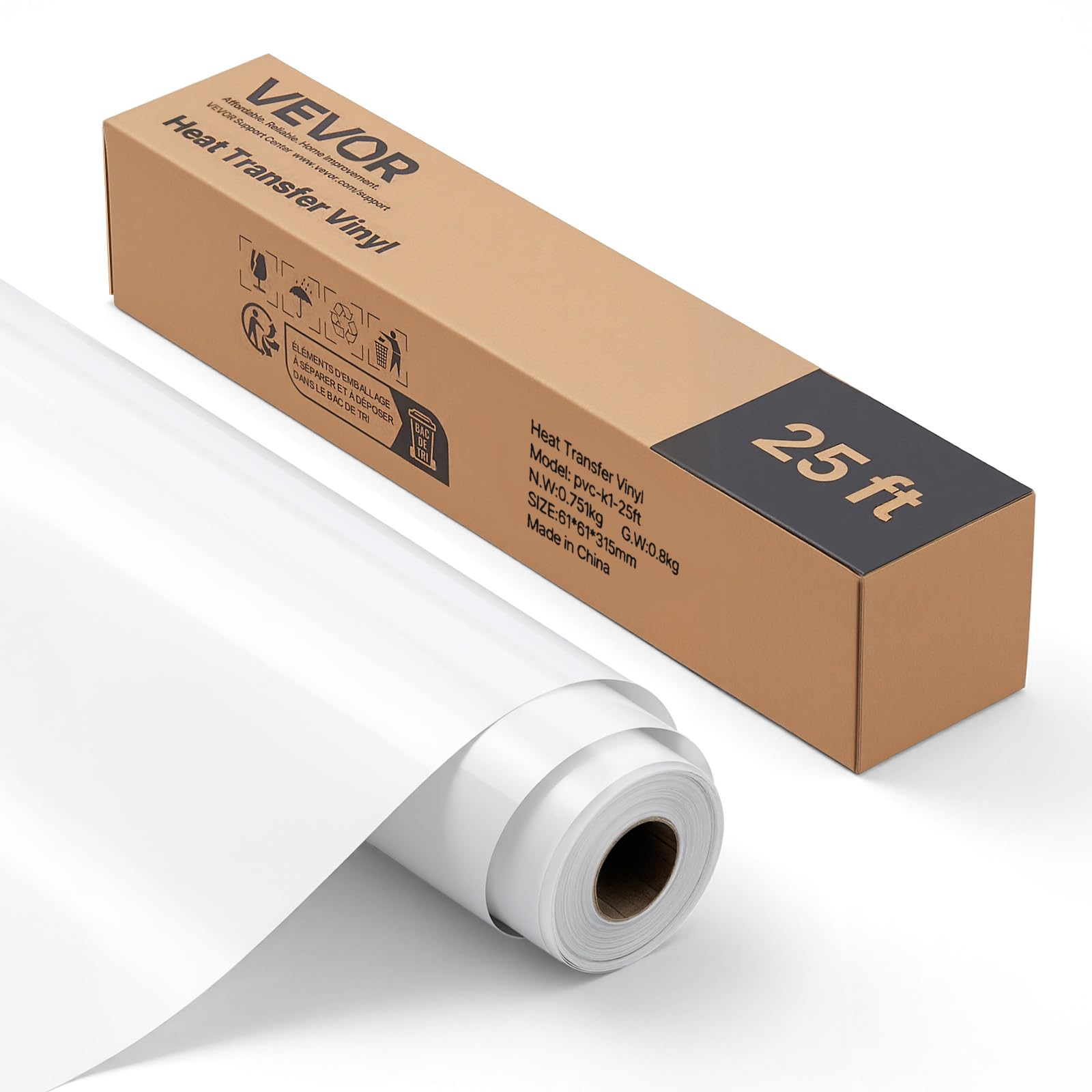 VEVOR Rotolo Vinile Termoadesivo per Tessuti 304,8 x 7260 mm, Pellicola per Plotter in Vinile a Trasferimento Termico per Macchine da Taglio, per Magliette Cuscini Cappelli, Bianco