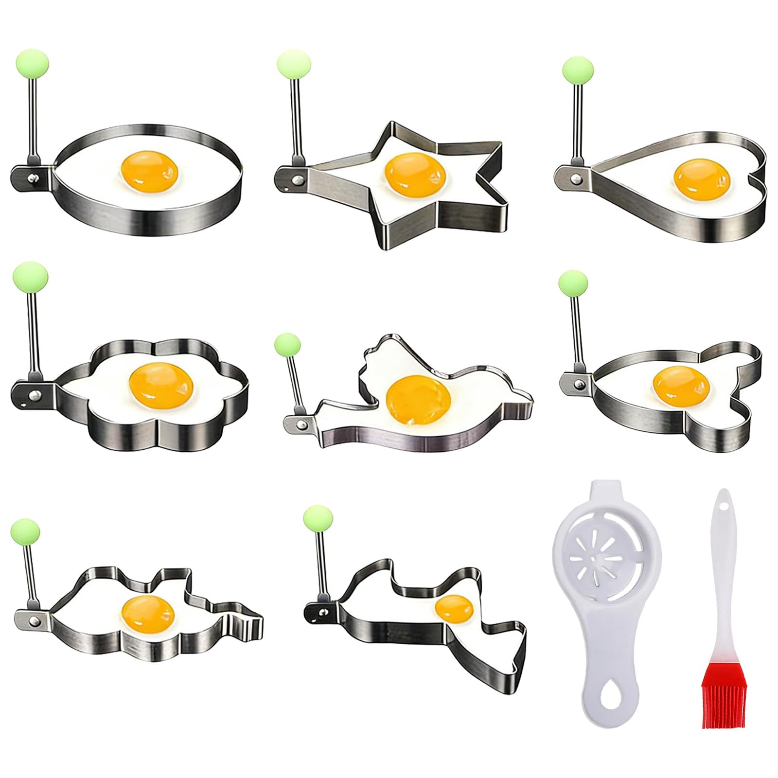 8Pcs Stainless Steel Egg Rings, Egg Rings for Frying, Omelette Ring with Egg Yolk Separator and Brush Stainless Steel Pancake Mold for Household Kitchen Cooking