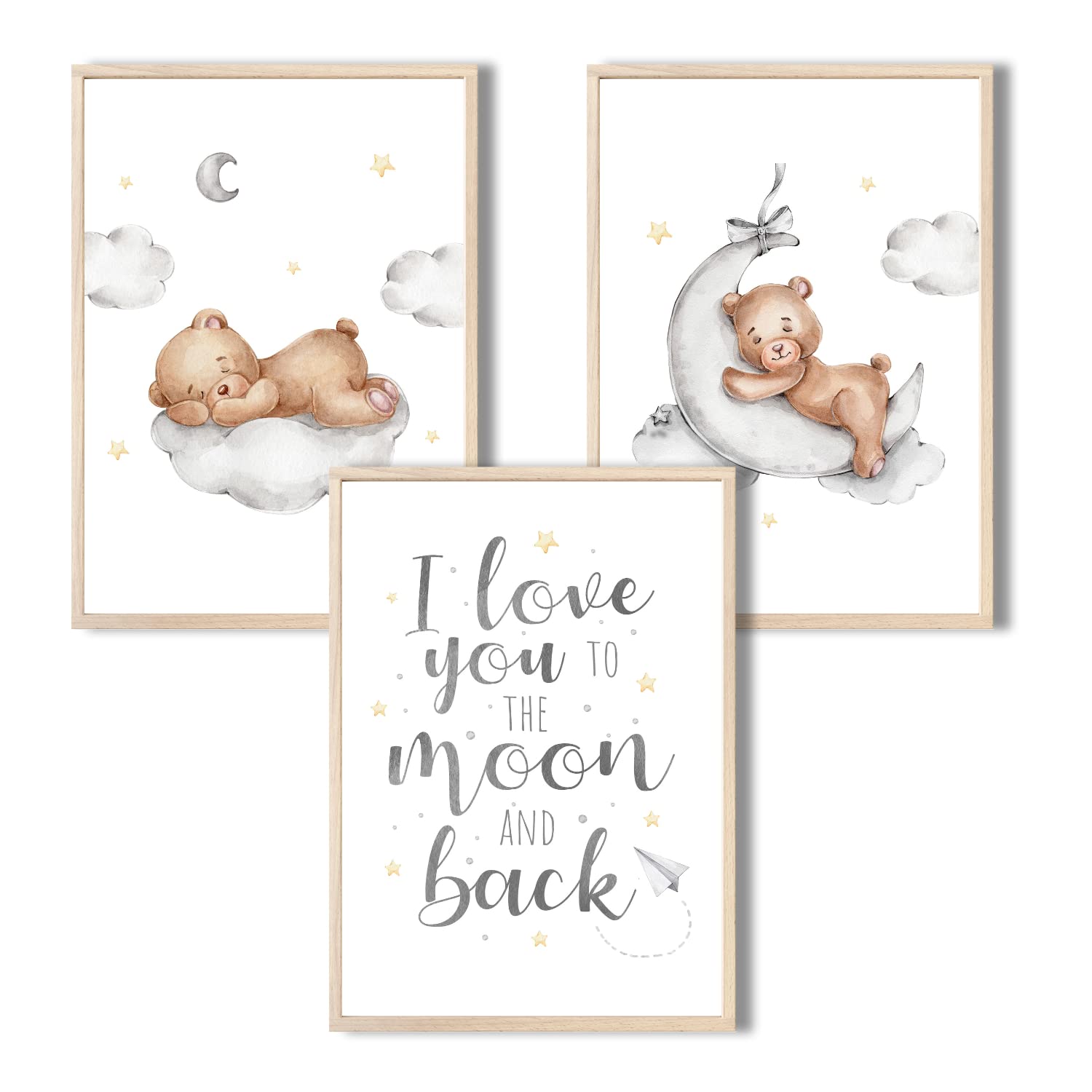 MeinBaby123® Set di 3 immagini per cameretta dei bambini, formato DIN A4, immagini da parete con scritta, decorazione per la cameretta dei bambini, decorazione da parete di alta qualità (orso e luna)