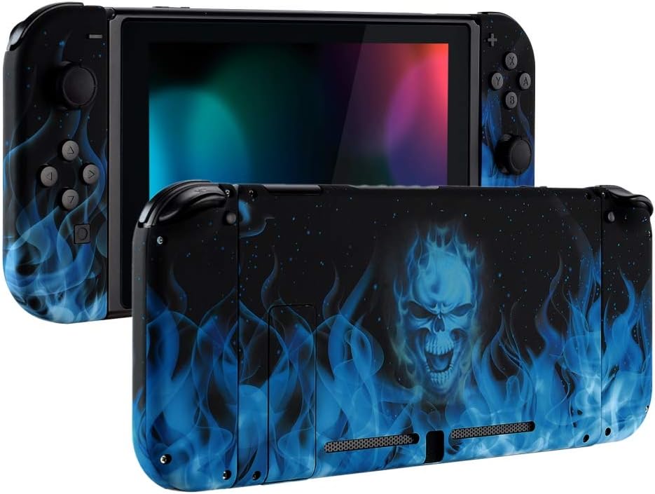 eXtremeRate Soft Touch Grip Back Plate for Nintendo Switch Console, NS Joy con Handheld Controller Housing with Full Set Buttons, DIY Replacement Shell for Nintendo Switch - Blue Flame Skull