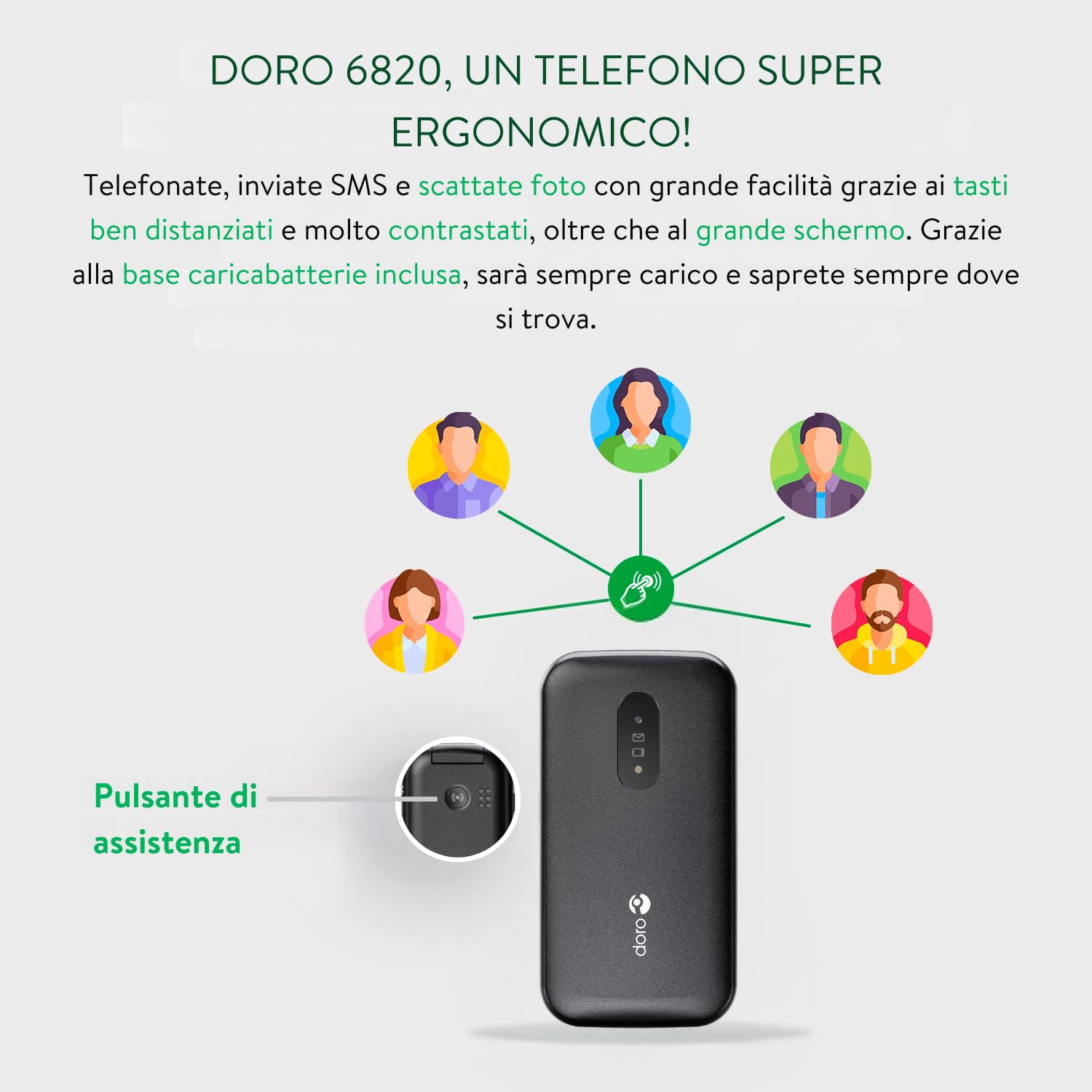 Doro 6820 4G Telefono Cellulare per Anziani - Conchiglia - Sportellino - Mini Telefono - Tasti Numerici Parlanti - Fotocamera - Tasto SOS - Base di Ricarica - Telefonia - Telefonino [Vers. Italiana]