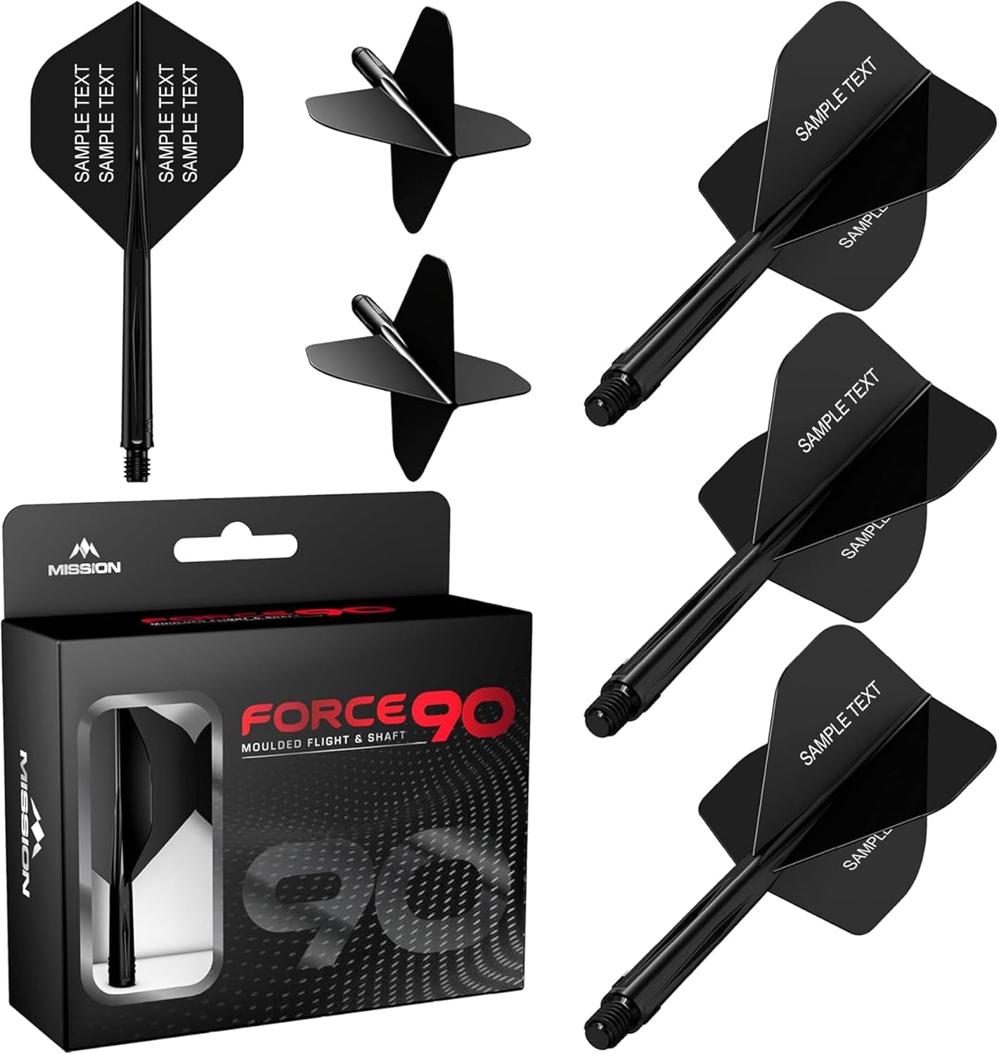 Mission Darts Force 90 | Personalised Integrated Precision Moulded Dart Flight And Shaft System, Highly Durable Combined Dart Flights And Stems | Standard No.2. (Black, Medium)