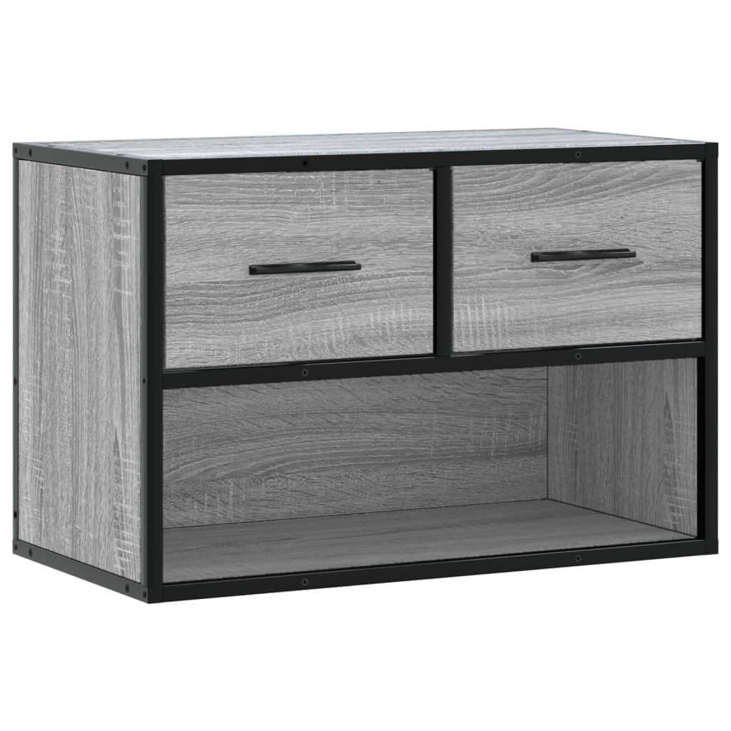 YUANCHUTOP Small Floating TV Unit Stand 60cm, Wall Mounted Media Console with 2 Drawers & Storage Shelf, Industrial Style Hanging Wall Cabinet, Grey+Oak