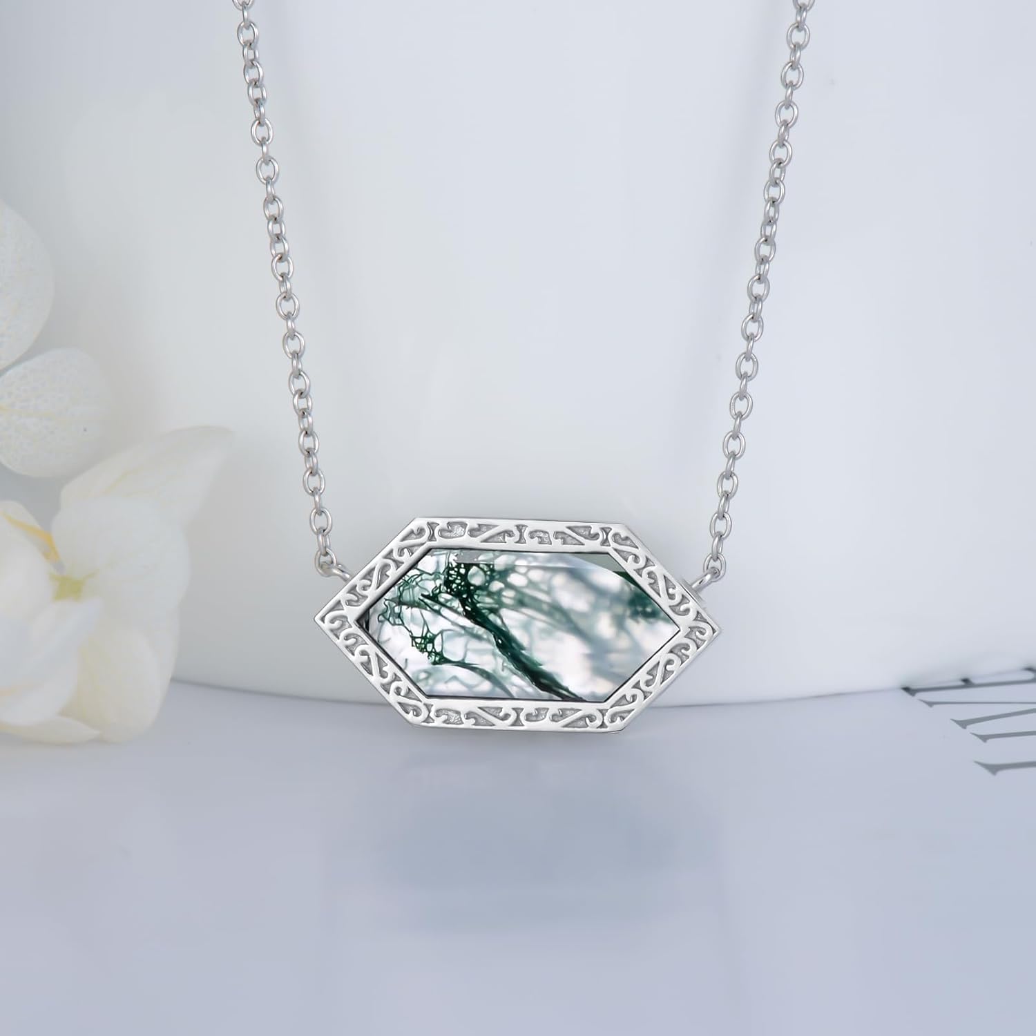 Natural Moss Agate Necklace 925 Sterling Silver Green Moss Agate Hexagon Cut Genuine Gemstone Jewelry Gifts for Women - Image 3