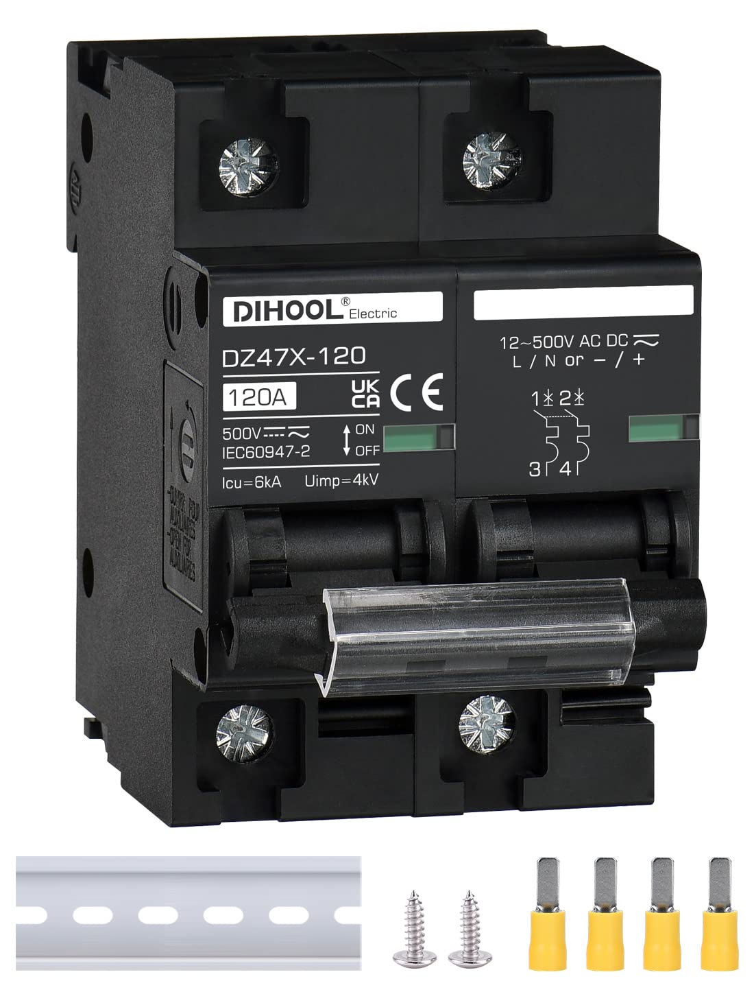 DIHOOL Wyłącznik DC 12V 24V Solar PV Bezpiecznik fotowoltaiczny automatyczny (DC500V,2 Pole 125A)
