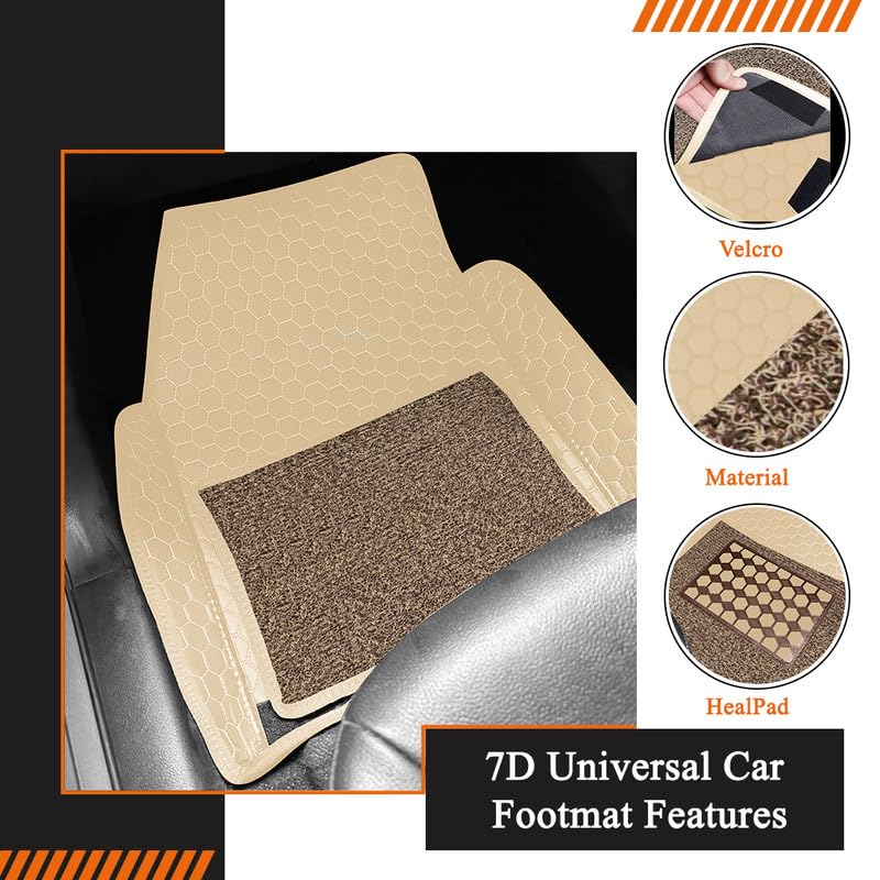 Image of 7D Car Foot Mat Compatible with Citroen C3 | Universal Fit, Luxury Leather Car Floor Mat with Detachable Curly Mat | Waterproof, Anti-Slip | Color: Beige