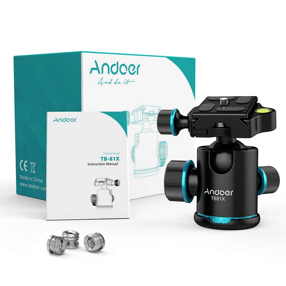 Andoer Kugelkopf Stativkopf 360 Grad Drehbar Panorama-Kugelkopf für Stativ Einbeinstativ Slider DSLR-Kamera mit 3pcs Schraube Adapter