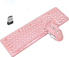 Gaming Keyboard and Mouse,Soke-Six 2.4G Wireless Retro Punk Typewriter-Style Backlit Keyboard Mice Combo,4800mAh Battery,Mechanical Feel,Anti-ghosting,Crystal Panel Round Keycaps (Pink+White Light)