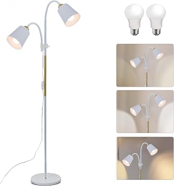 Adjustable Height Floor Lamp Short Black Floor Standing Reading Lamp | Tall Floor Lamps for Living Room Bedroom Office, 2x12W LED Bulbs Included