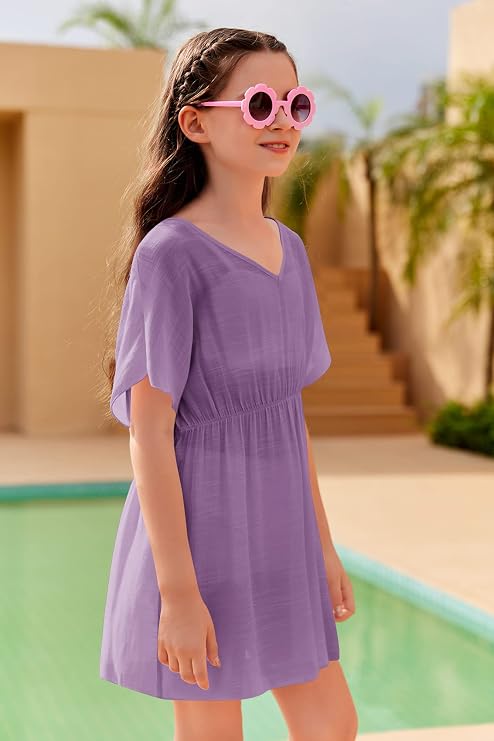 Fommykin Girls Swimsuit Cover Up V Neck Cute Sweet Bikini Tunic Dress