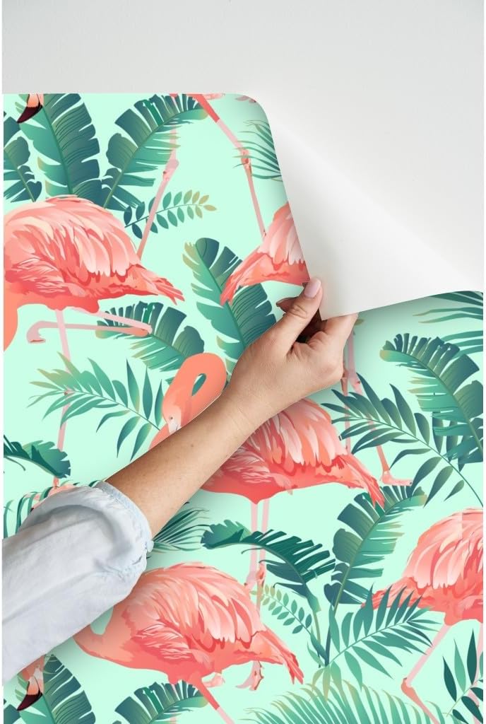 Peel & Stick Wallpaper 9ft x 2ft - Pink Flamingos Teal Tropical Birds Plants Flamingo Bird Jungle Mint Custom Removable Wallpaper by Spoonflower