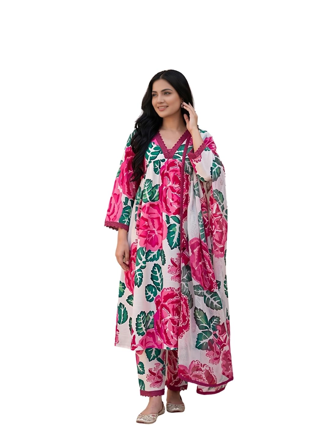 nainvish Women Floral Printed Anarkali Kurta Pant Dupatta Set Ethnic Outfit Festival Casual Traditional Designer Collection for Ladies-picture-13