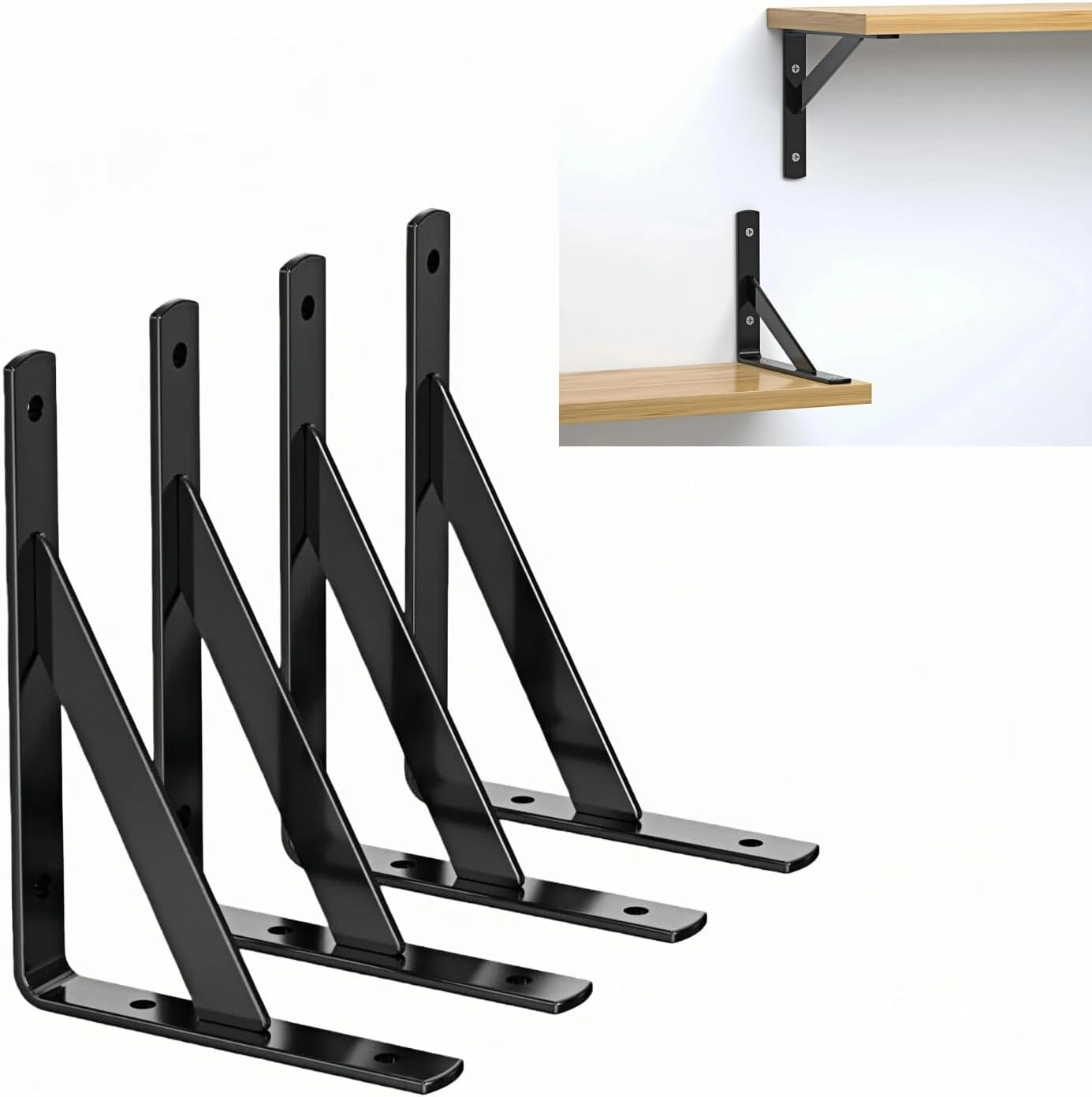 4 Pcs Black Heavy Duty Floating Shelf Brackets - Metal Triangle L-Shaped Wall Mounted Supports for DIY Open Shelves, Bookshelf, Kitchen, Bathroom, Bedroom Storage