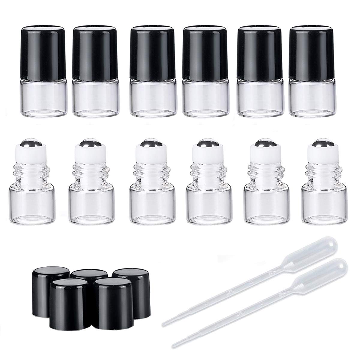 lasenersm 50 Pieces 1ml Clear Glass Roller Bottles Mini Empty Refillable Essential Oil Roller Bottles with Stainless Steel Roller Ball and 2 Pieces 3ml Dropper Black Lid