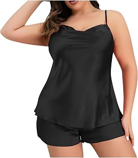 Uillui Plus Size Loungewear Set for Women Summer Cool Camisole Shorts 2 Piece Suit Soft Comfort Satin Silk Pajamas Sleepwear