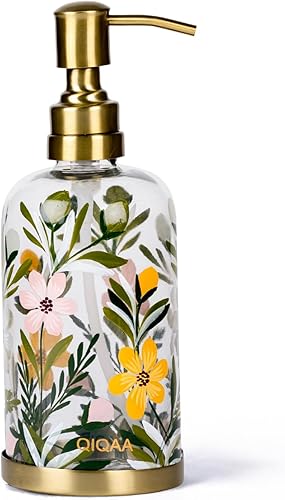 Dispensador de jabón y loción de vidrio floral pintado a mano con bomba para baño y fregadero de cocina, vintage, hecho a mano en la India 4x8.25