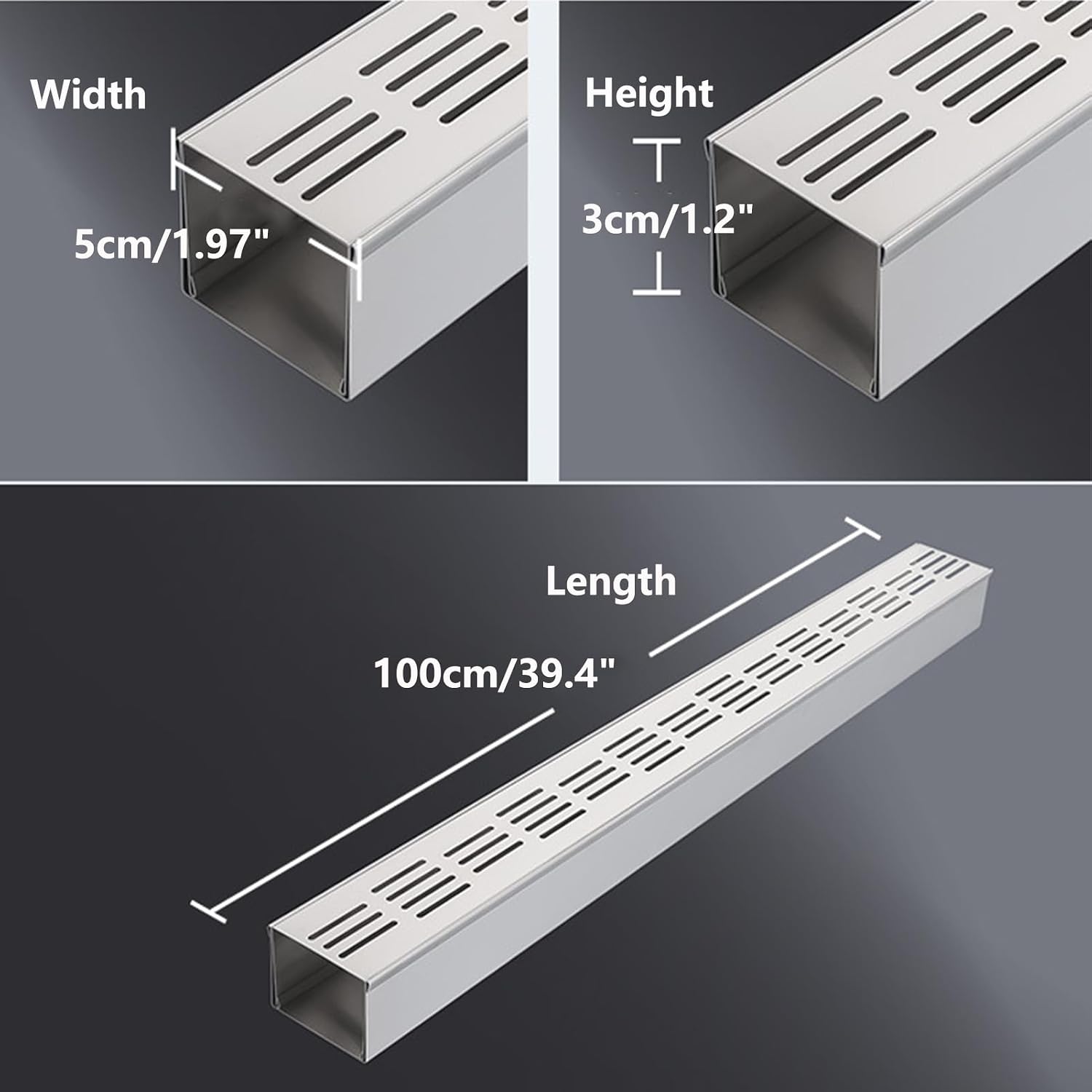 Narrow Channel Drain Grate, 304 Stainless Steel Trench Drain System with Grate, Outdoor Shallow Channel Drainage Kit for Yard, Patio, Driveway Garage (39.4" Lx1.97 Wx1.2 H)
