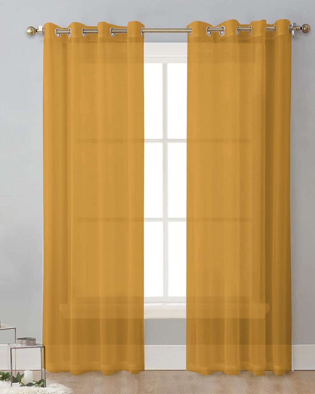 Chiffon Sheer Curtains 45 Inches Long 2 Panels Solid Color Ginger Light Filtering Curtains Grommet Top Semi Sheer Window Curtains for Living Room Bedroom Yard