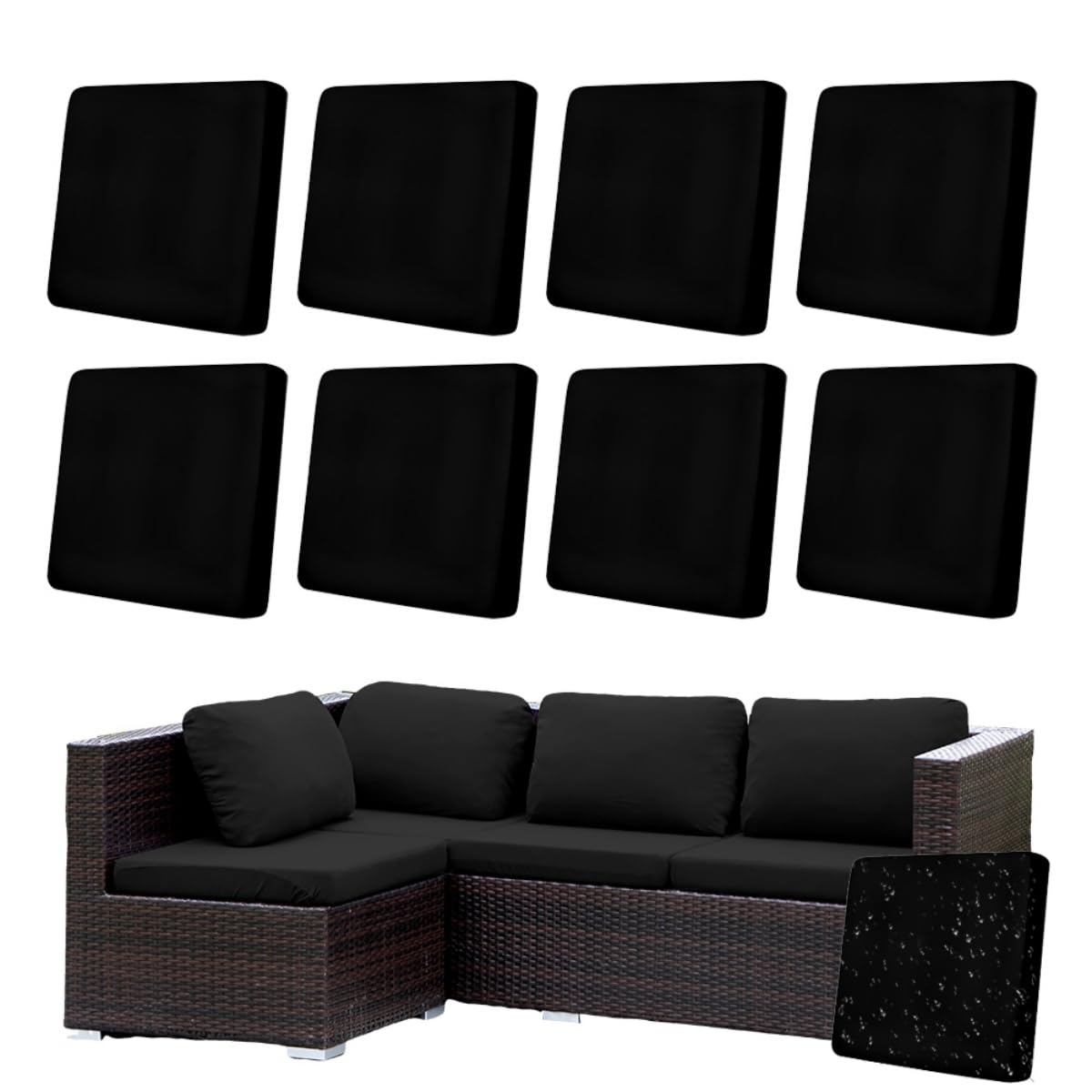 Hiseng Outdoor Cushion Covers Replacement 8/12 /14 PCS Water Resistant Patio Seat Cushion Covers for Garden Furniture Rattan Corner Sofa, Solid Color Soft Stretch Washable (Black,12PCS)