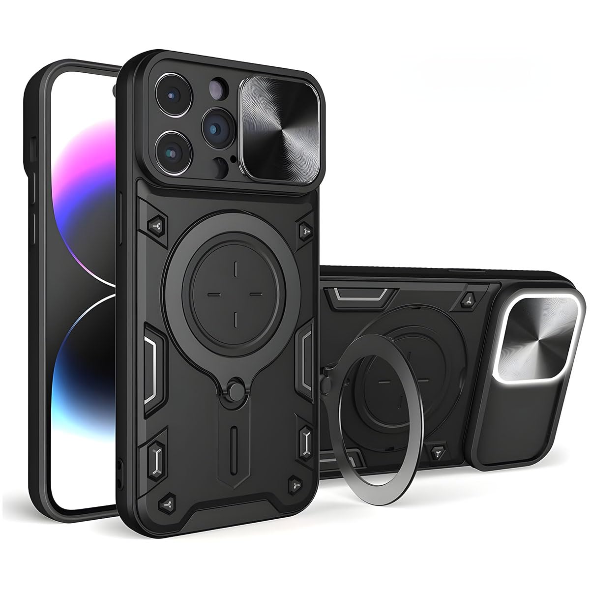 LIRAMARK Back Cover Case Compatible with iPhone 15 Pro (6.1 inch) with Stand & Slider Camera Military Grade Drop Protection (Black)