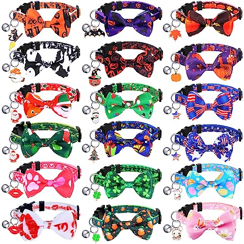 Kacctyen 18 Pcs 4th of July Cat Collars Bulk Patriotic Red White and Blue Holiday Cat Collars with Bow Tie Memorial Day Decoration Kitty Breakaway Adjustable Pet Bowtie Decor(Medium)