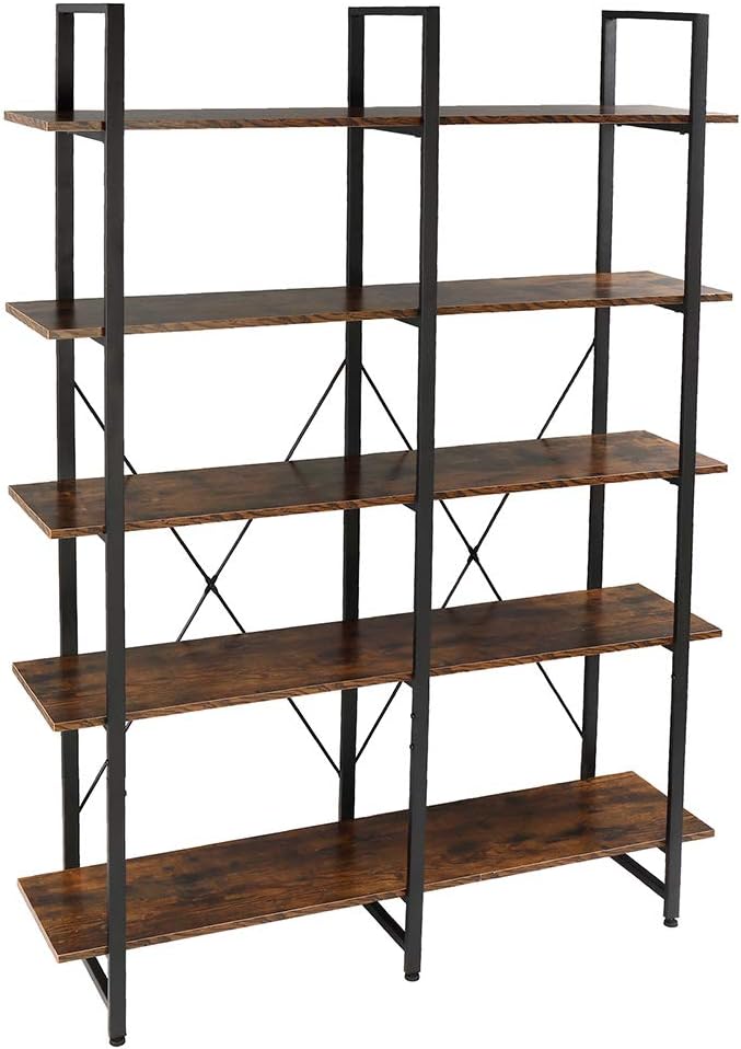 Large Open Bookshelf Double Wide 5Tier Bookcase Vintage