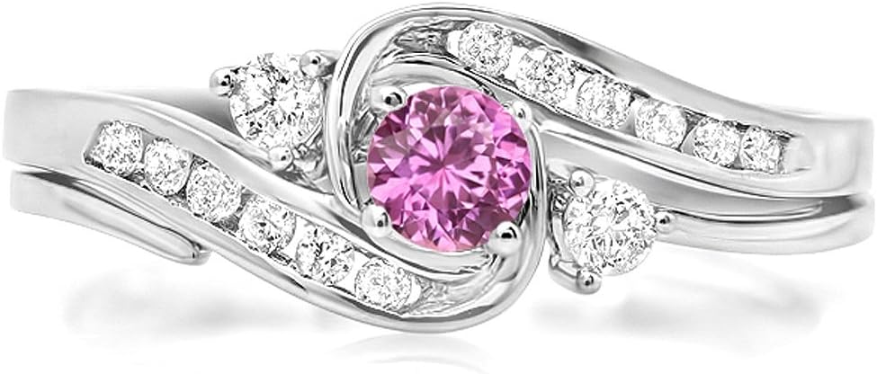 Dazzlingrock Collection Round Pink Sapphire & White Diamond Swirl Bridal Engagement Ring With Matching Band Set, 10K Solid White Gold