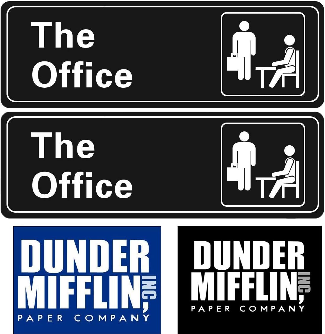 The Office Sign Stickers (4 PC/Pack), Dunder Mifflin Self Adhesive Signs for Door or Wall 9 X3, 4 X 3 Quick and Easy for Your Home Office/Business, Car, Fridge, Door, Luggage