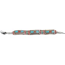 Inlaid Turquoise & Coral Stones in Tibetan Silver 5 Strand Bracelet Oval