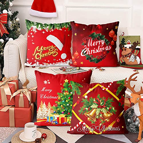 Christmas Throw Pillow Covers Merry Xmas Tree Bell Sofa Square Throw Pillowcases Cushion Couch Pillow Protector With Hidden Zipper Holiday Decoration Set Of 4 Pack 18X18Inch #TOP4