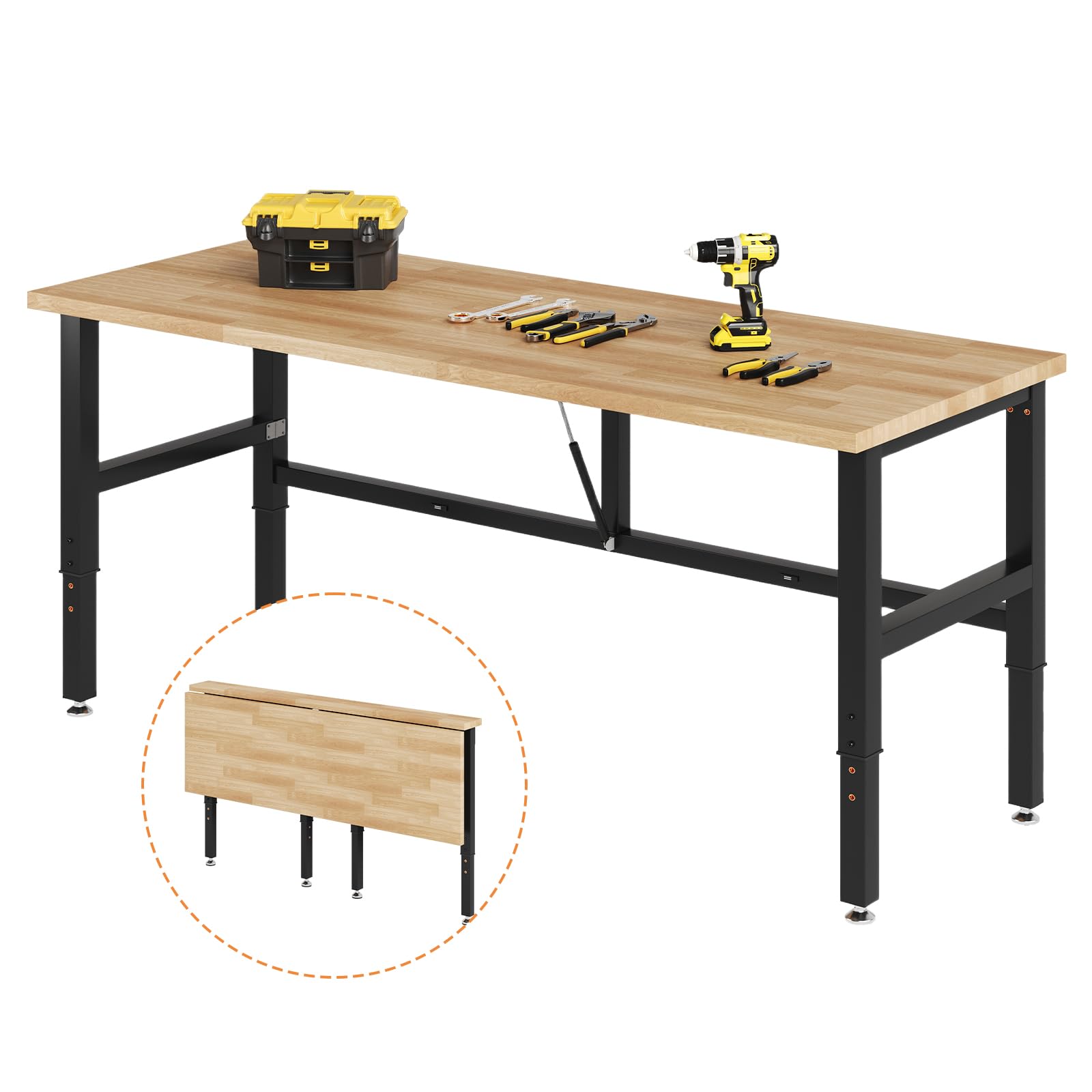 SPECRAFT 72x24 Folding Workbench, Adjustable Foldable Workbench with 2000 LBS Capacity, 30.7"-40" Height, Rubber Wood Top for Garage, Workshop, Office