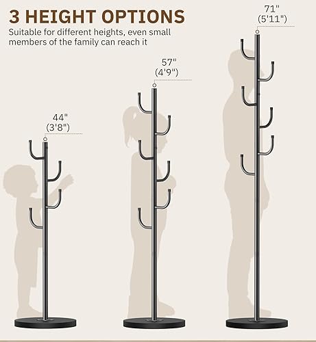 Miniatura 6 de MISSLO Perchero resistente independiente de 4 tamaños ajustables con base de madera estable, soporte para colgar abrigos con 6 ganchos de pie para