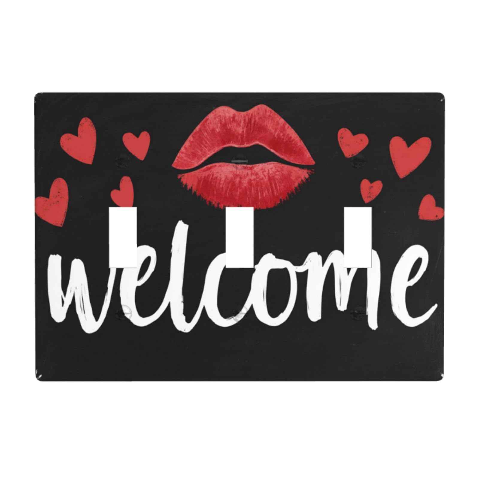 Text Welcome and Red Lipstick Kiss Mark Light Switch Covers 3 Gang Triple Toggle Wall Plate Switchplate Electrical Faceplate for Bathroom Kitchen Bedroom Decor