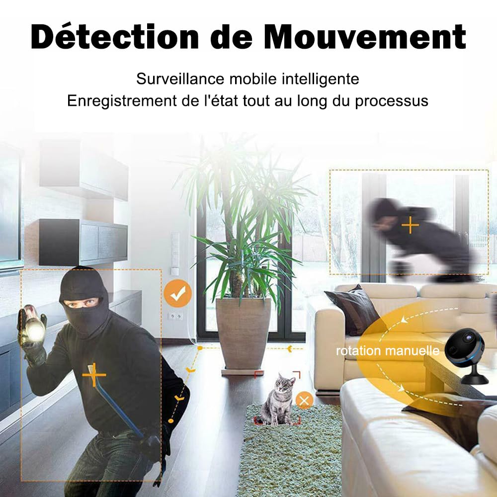Mini Camera Espion sans Fil, Micro Camera Surveillance Wifi Interieur/Exterieur sans Fil Discrete, Vision Nocturne et Détection de Mouvement, 1080P Petit Cachee Camera Espion Bebe Maison Chat Voiture