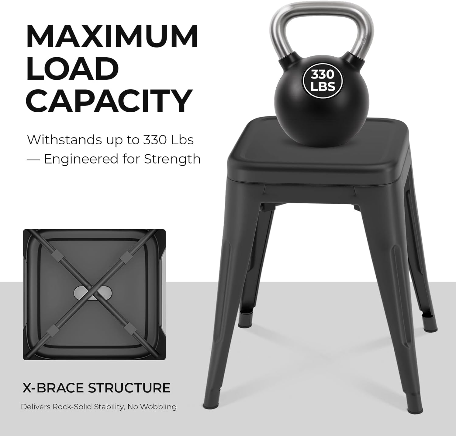 Rivibuio 18 Inch Industrial Metal Bar Stools – Stackable Counter Stools Set of 2, Indoor & Outdoor Kitchen, Bar, Cafe, Restaurant Seating (Matte Black)
