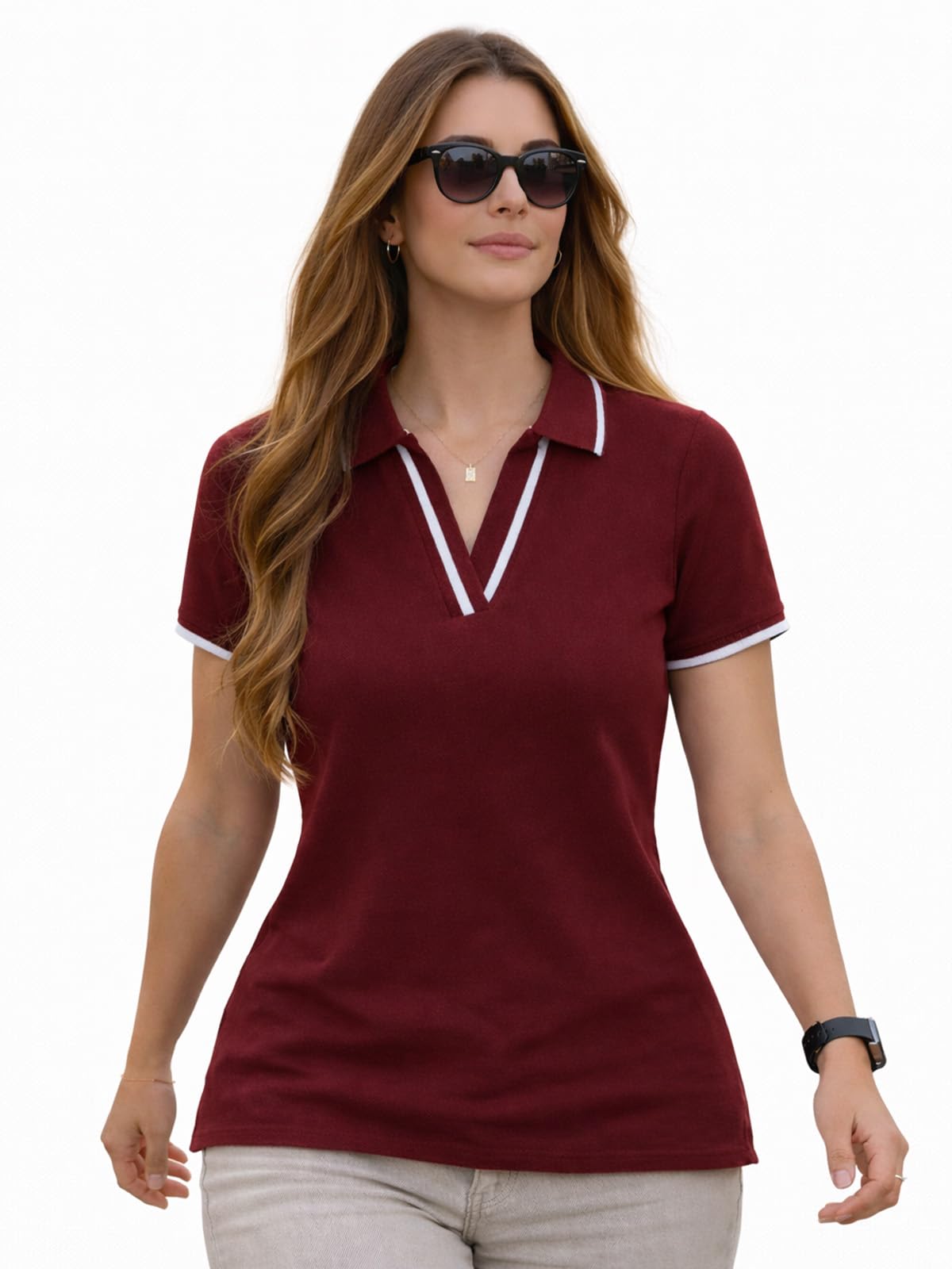 juneberry Women’s Regular Fit Lycra Polo T-Shirt withV- Neck Plain Contrast Piping Collar, Short Sleeves, Soft Fabric for Everyday Comfort (Sizes S to 2XL)-picture-31