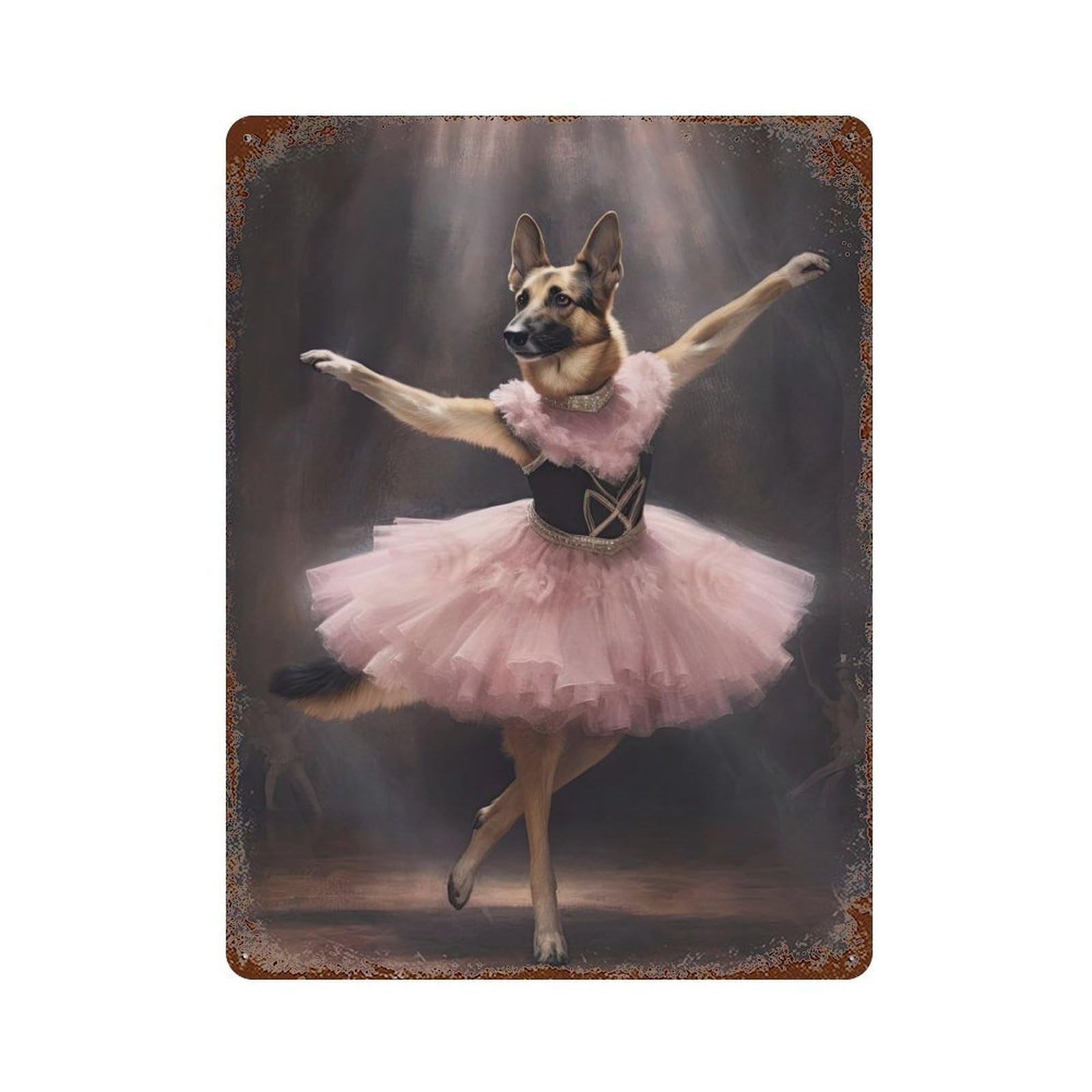 Weathered Tin Sign with German Shepherd Ballerina Design 15.7"x11.8", for Basement, Hobby Room And Garage Decor, Industrial Home Decor